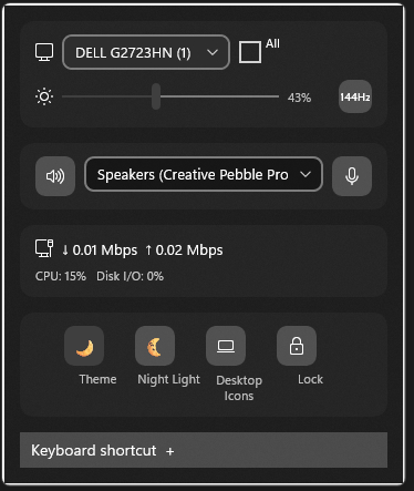 TrayPilot dashboard with a supported monitor brightness slider, audio device picker, network speeds, and Windows shortcuts