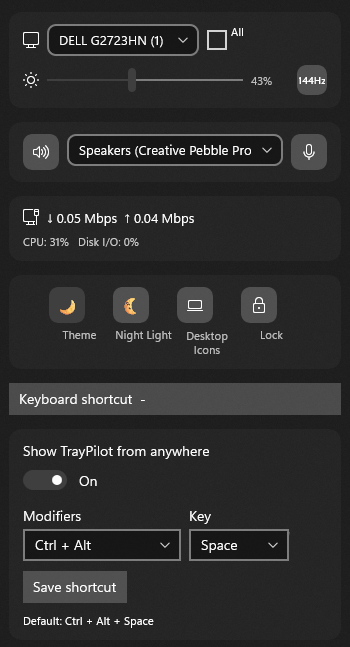 TrayPilot shortcut editor expanded beneath the dashboard, showing modifier and key selectors and a Save shortcut button